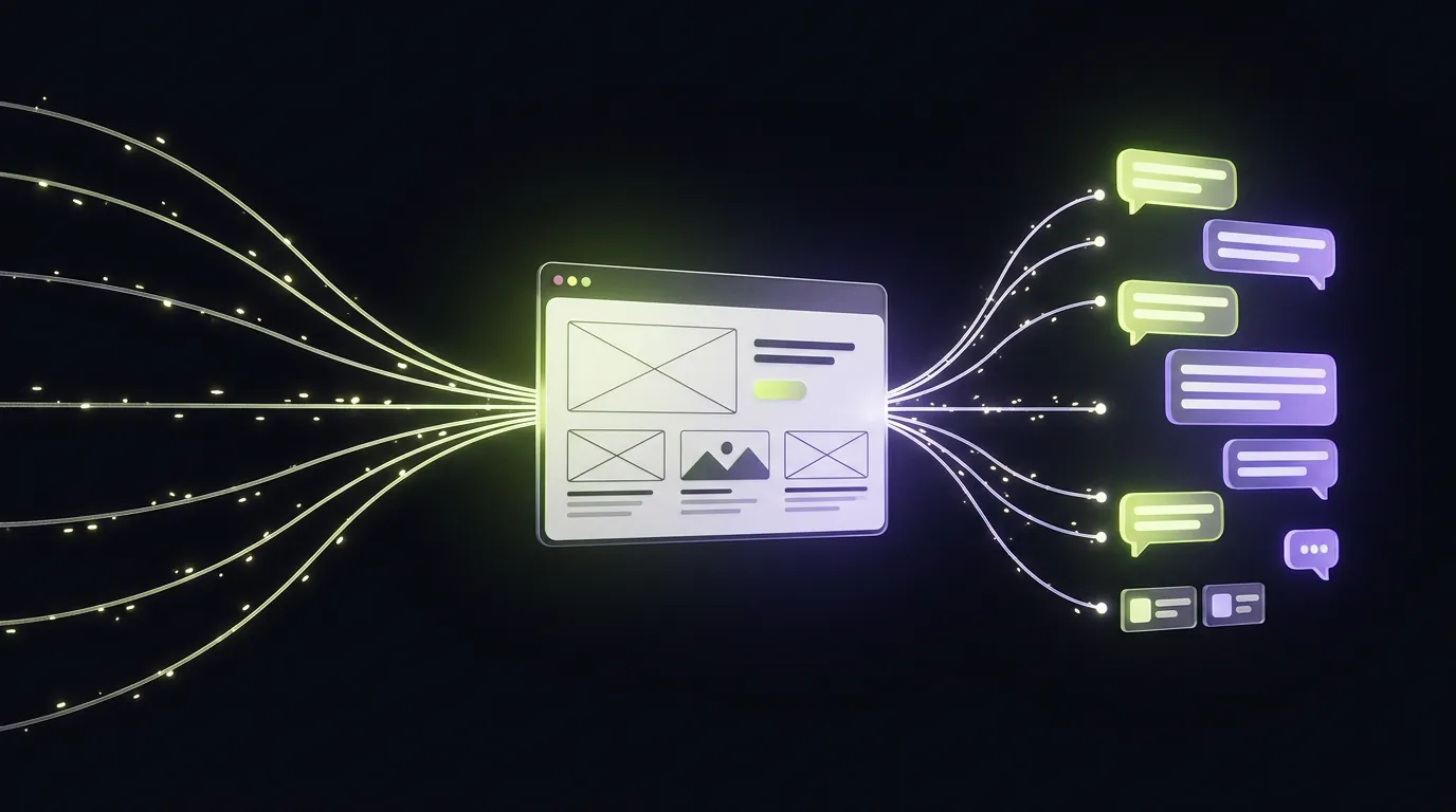 A website connected by glowing threads to AI chat answers that cite it