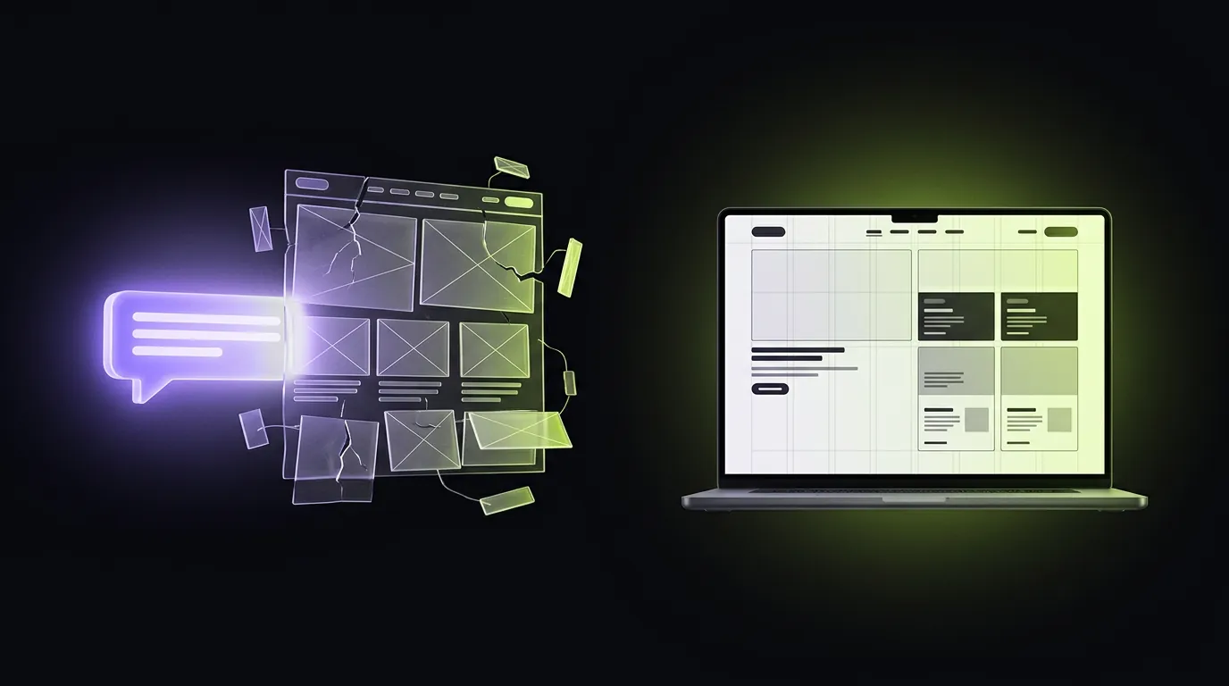 A fragile AI-generated website prototype next to a polished, production-ready website