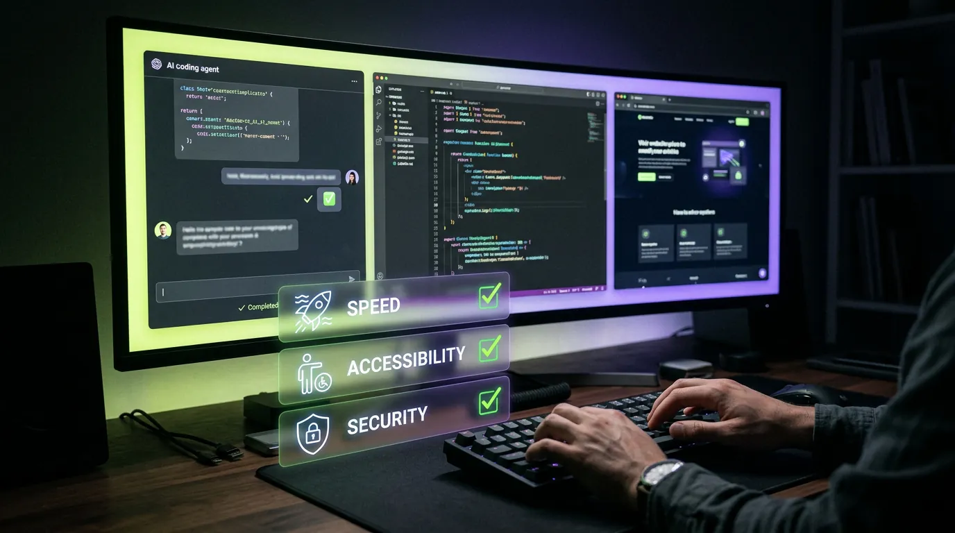 A developer reviewing AI-generated code with checks for speed, accessibility and security