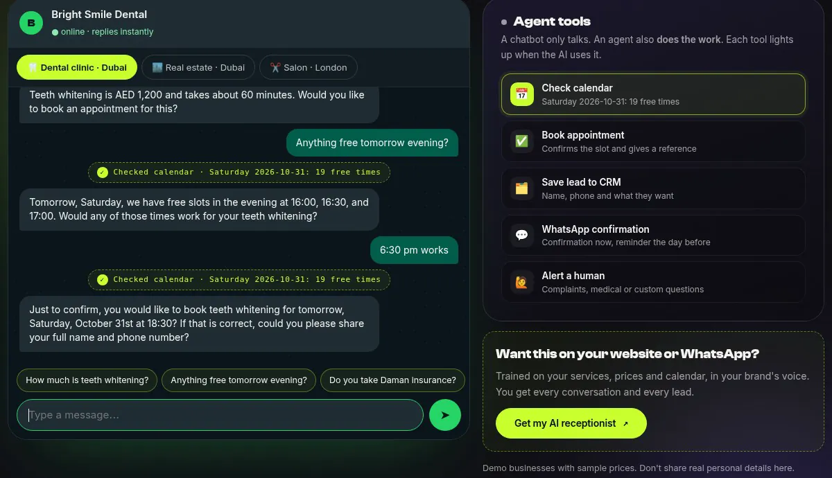 AI receptionist chat for Bright Smile Dental with the agent tools panel showing Check calendar used