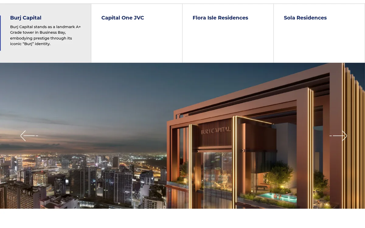 Centurion Properties signature project slider showing Burj Capital