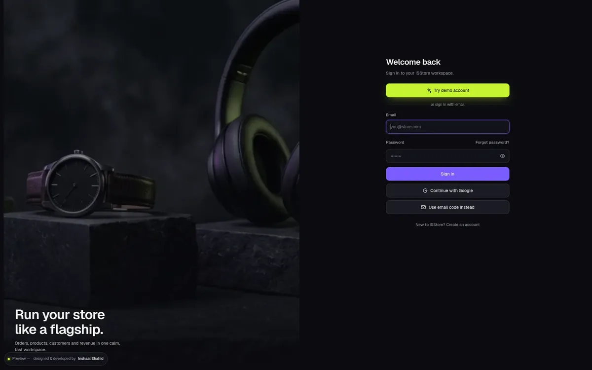 ISStore sign-in screen with demo login