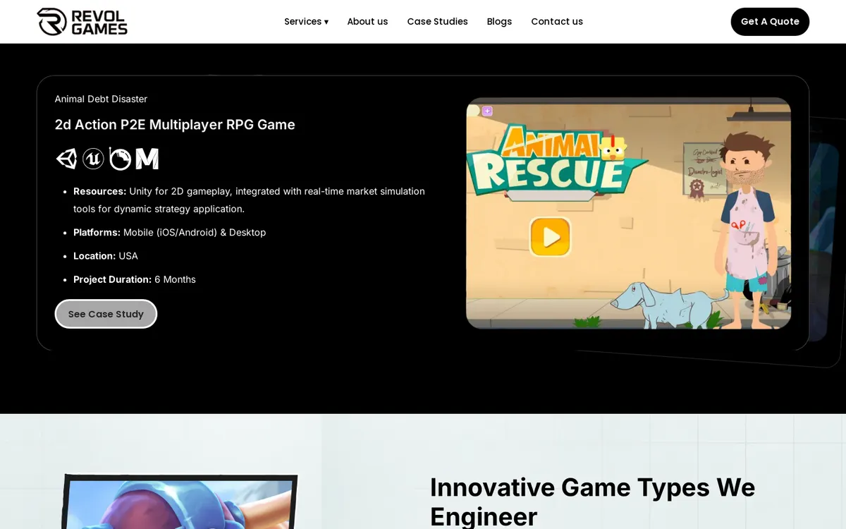 RevolGames lower page section on desktop