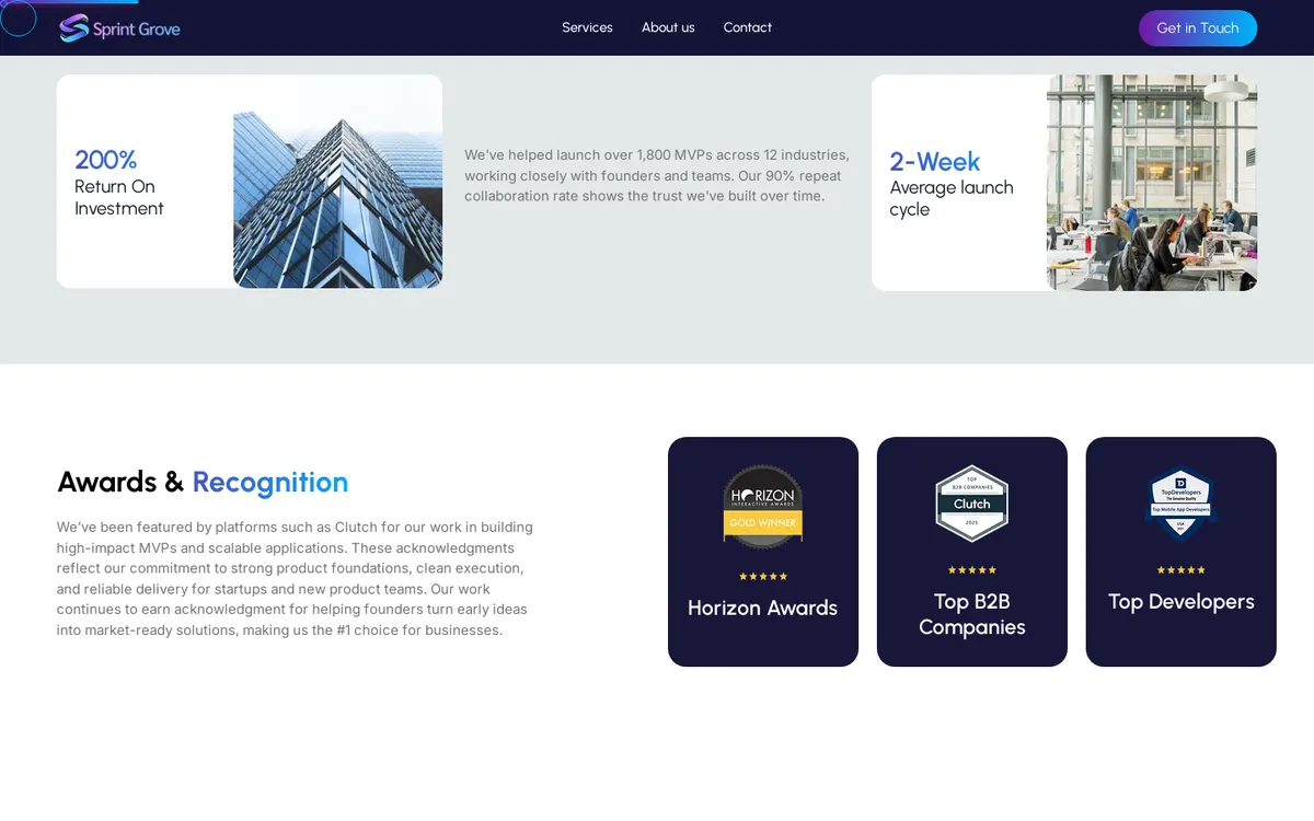 SprintGrove content section on desktop