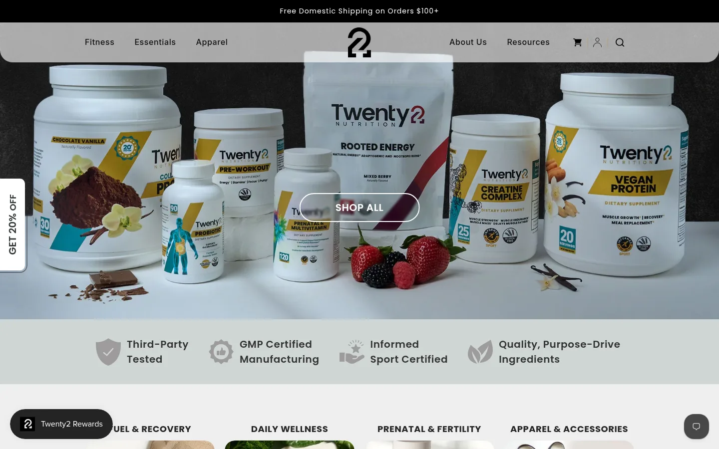 Twenty2 Nutrition homepage hero on desktop