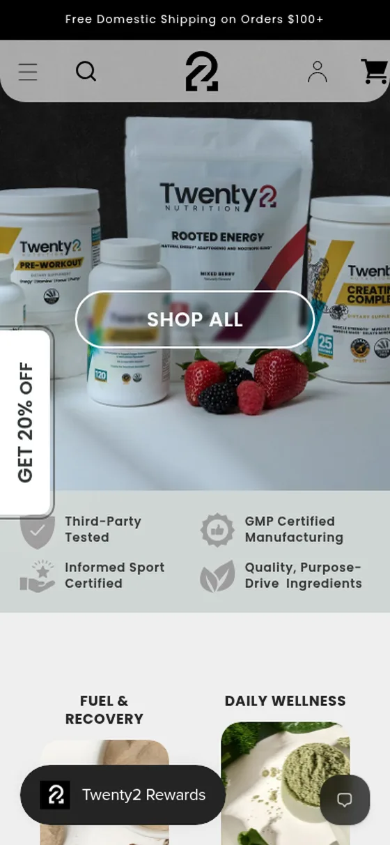 Twenty2 Nutrition homepage on a mobile phone