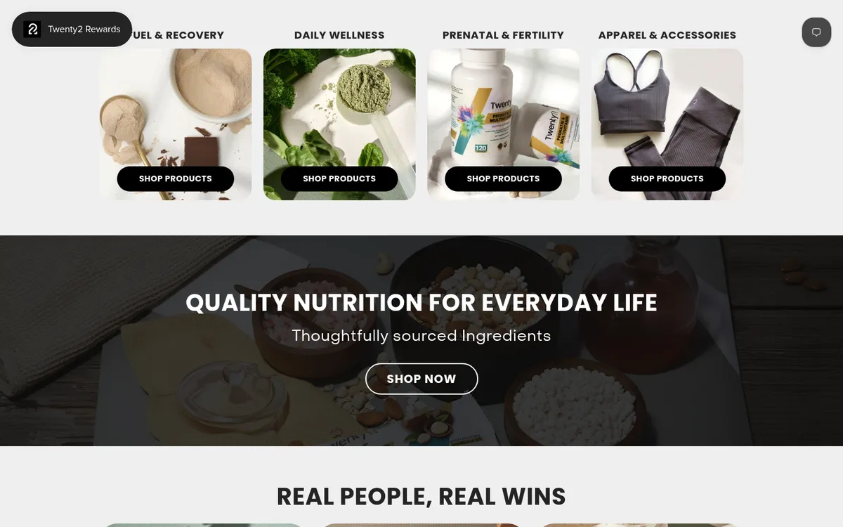 Twenty2 Nutrition trust bar and shop-by-category cards