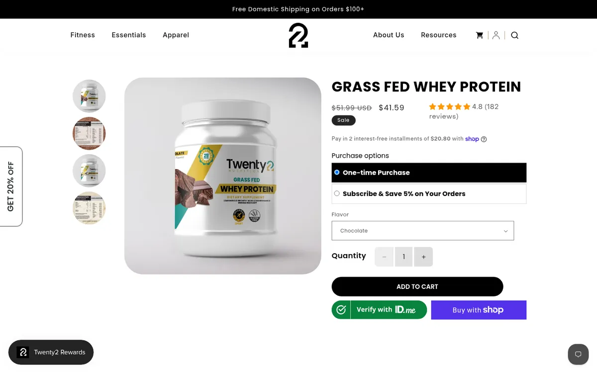 Twenty2 Nutrition Grass Fed Whey Protein product page with subscription options